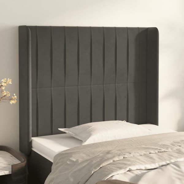 Sänggavel med kanter mörkgrå 83x16x118/128 cm sammet