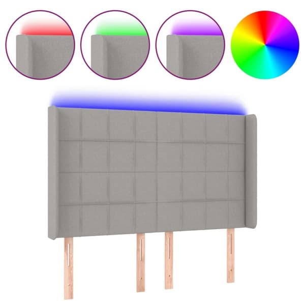 Sänggavel LED ljusgrå 147x16x118/128 cm tyg