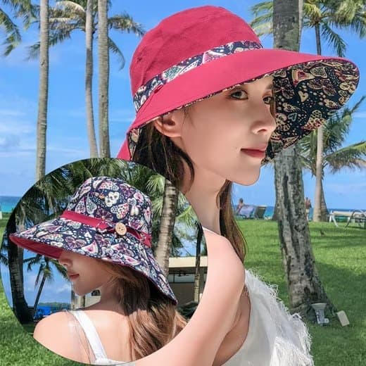 Lollanda Solhat Dame - Dobbeltvendt UV-beskyttelse, Strandhat, Solbeskyttelseshat med Bred skygge Foldbar Visir Hat