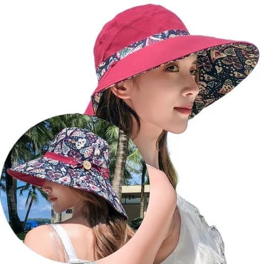 Lollanda Solhat Dame - Dobbeltvendt UV-beskyttelse, Strandhat, Solbeskyttelseshat med Bred skygge Foldbar Visir Hat Rød