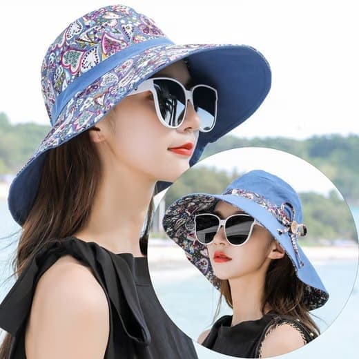Lollanda Solhat Dame - Dobbeltvendt UV-beskyttelse, Strandhat, Solbeskyttelseshat med Bred skygge Foldbar Visir Hat