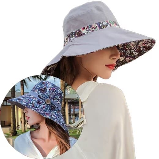 Lollanda Solhat Dame - Dobbeltvendt UV-beskyttelse, Strandhat, Solbeskyttelseshat med Bred skygge Foldbar Visir Hat