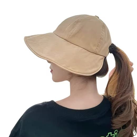 Lollanda foldbar sommerhat til kvinder, solbeskyttelseshat til kvinder med bred skygge, hestehale design, UV-beskyttelse Lysebrun