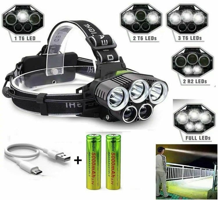 Superstark Pannlampa 5X T6 45000 Lumens Uppladdningsbar Utomhus Jakt
