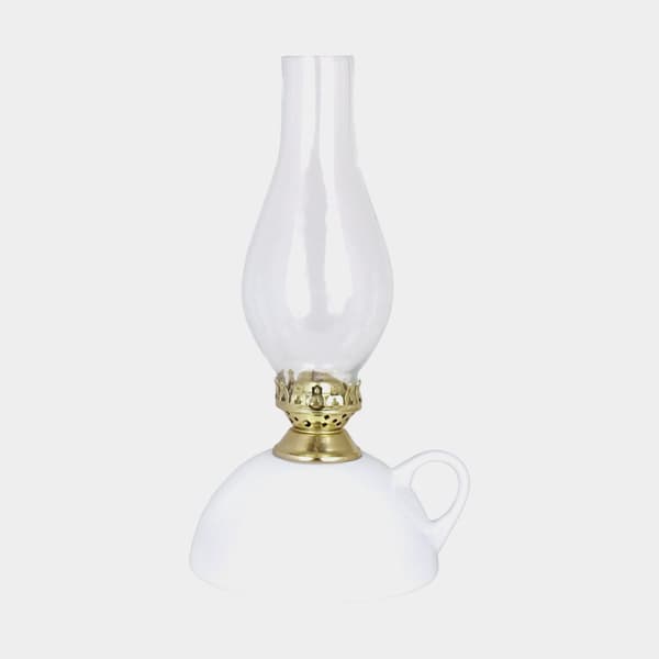 Fotogenlampa / oljelampa Strömshaga, keramik, med handtag, vit, brännare i mässing, Ø150 mm x 255 mm