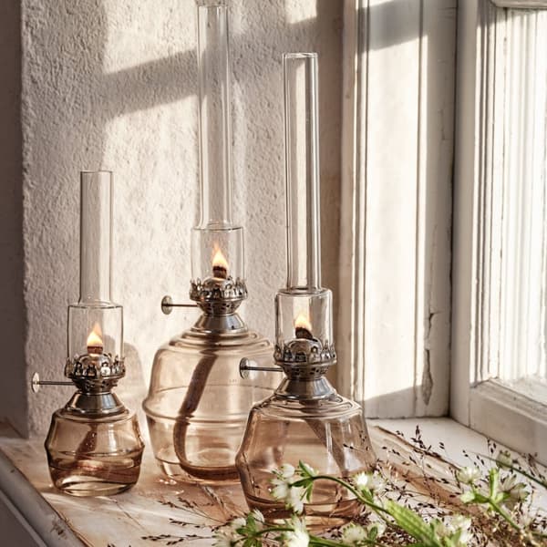 Fotogenlampa / oljelampa Strömshaga Majken, grått glas, brännare i nickel, Ø100 mm x 325 mm