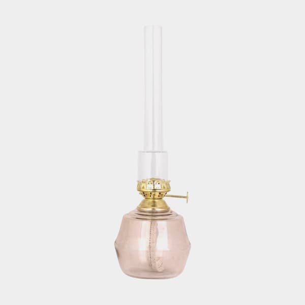 Fotogenlampa / oljelampa Strömshaga Majken, askrosa glas, brännare i mässing, Ø100 mm x 325 mm
