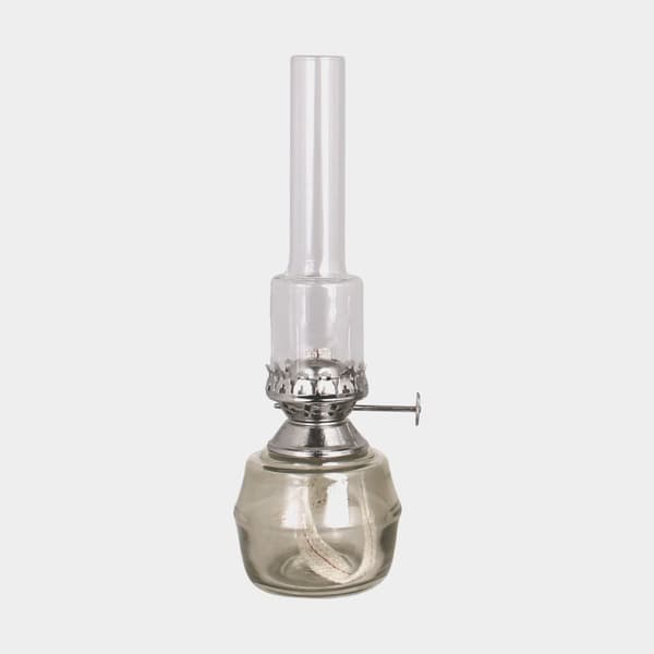 Fotogenlampa / oljelampa Strömshaga Majken, grått glas, brännare i nickel, Ø75 mm x 230 mm