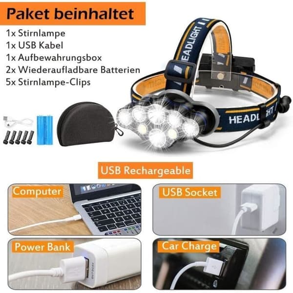 Uppladdningsbar LED-strålkastare, ultrakraftig 8 LED-lampa med 18 000 lumen, vattentät och lätt huvudlampa, gul