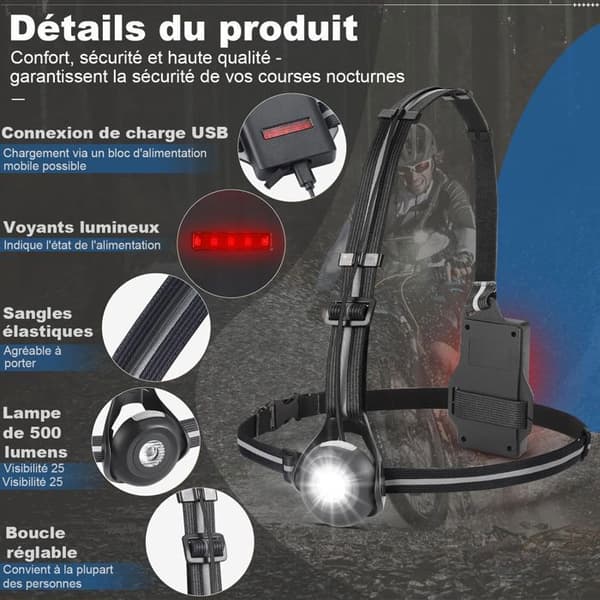 Pannlampa För Löpning-Batteridriven Bröstlampa USB-500 lumen-Justerbar 90°-Med reflexband-För Jogging, Vandring