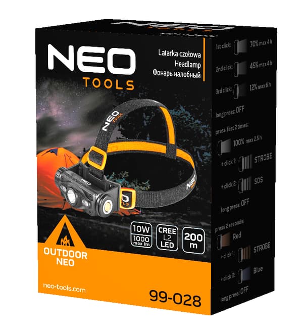 Genopladelig USB pandelampe 1000lm Rød/Blå CREE LED + LED