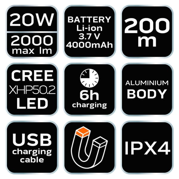 Genopladelig/batteri USB pandelampe 2000lm CREE XHP50.2 LED