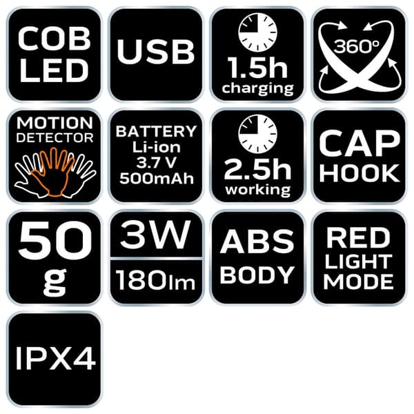 USB genopladelig pandelampe 180lm COB LED + Bevægelsessensor