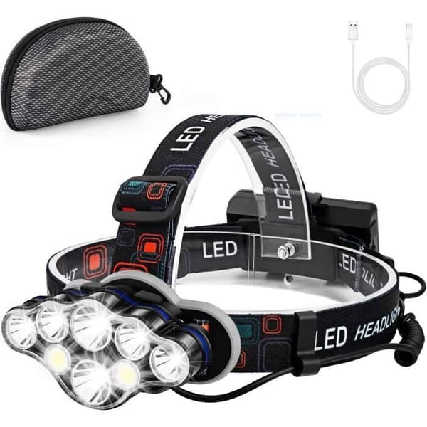 Huvudlampa, Superljusstark lampa med 8 LED och 18000 lumen, Uppladdningsbar USB, Vattentålig och justerbar för camping, utan batteri.