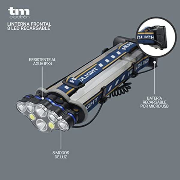 TM Electron TMTOR025 Pannlampa med 8 superstarka lysdioder, 8 lägen, 90° lutning, 2 1800mAh uppladdningsbara batterier, mikrofon