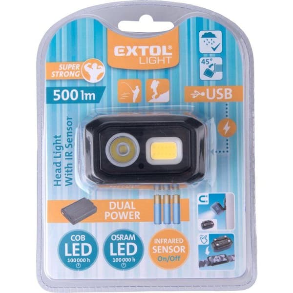Lampe frontale EXTOL LIGHT 500lm, dubbel strömförsörjning, 43185