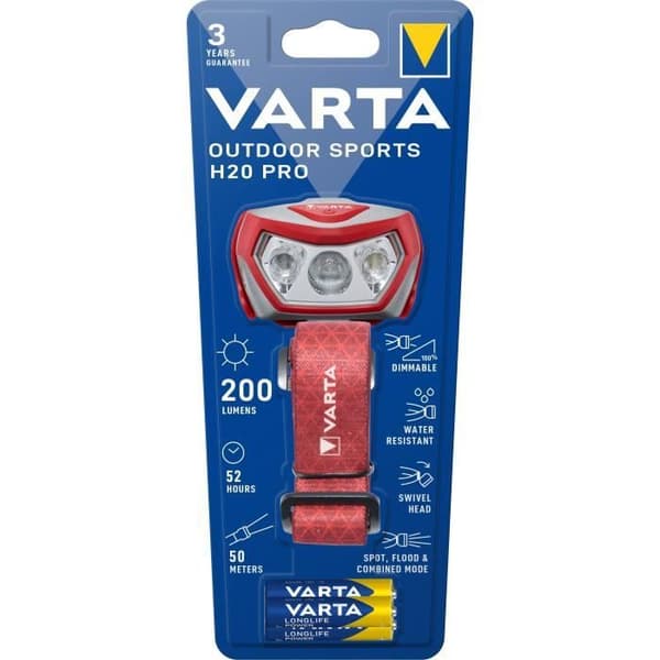 Otsalamppu - VARTA - Outdoor Sports H20 Pro - 200lm - Himmennettävä - IPX4 - Punainen LED - 3 valotilaa - Valkoinen ja punainen valo - 3 AAA-paristoa