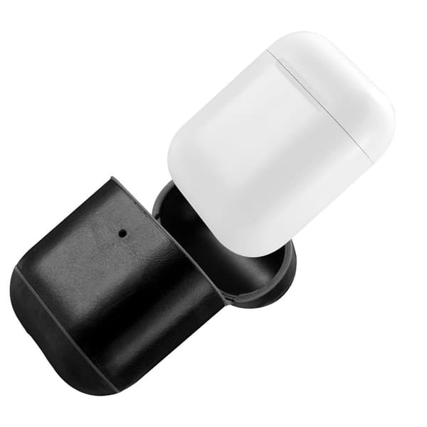 SKALO AirPods 1/2 ICARER Äkta Läder Fodral med Krok - Svart