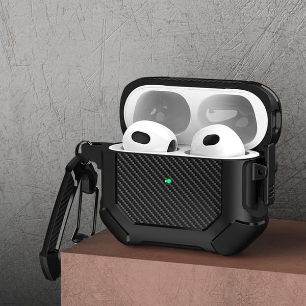 SKALO AirPods 3 Carbon Fiber TPU Fodral med Karbinhake - Svart