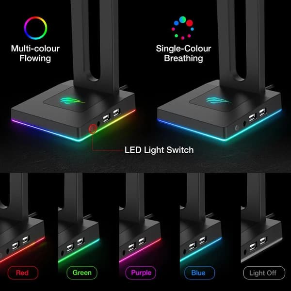 5 justerbara RGB-ljuslägen spelarens hörlursställ med 3,5mm AUX och 2 USB-portar