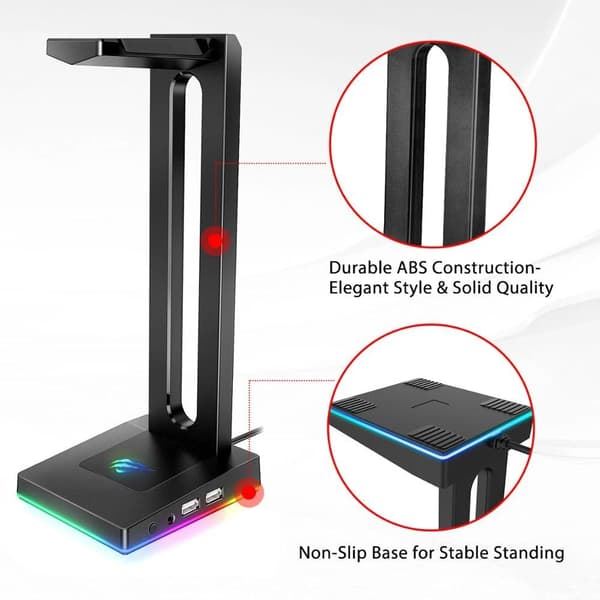 5 justerbara RGB-ljuslägen spelarens hörlursställ med 3,5mm AUX och 2 USB-portar