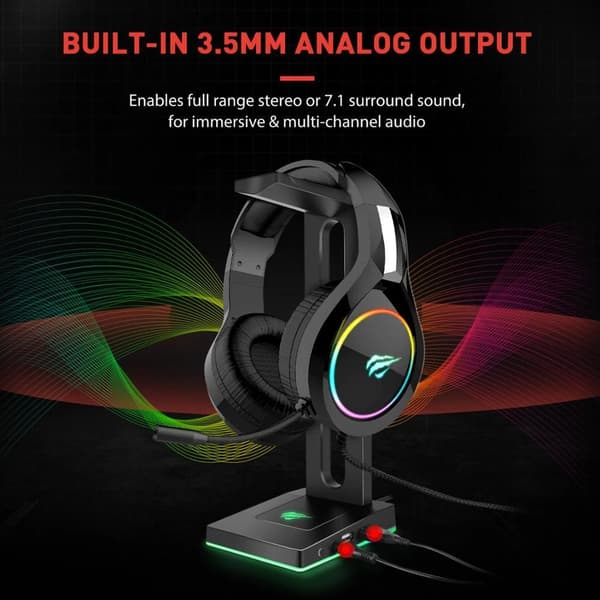 5 justerbara RGB-ljuslägen spelarens hörlursställ med 3,5mm AUX och 2 USB-portar