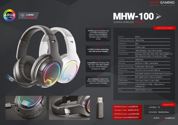 Mars Gaming MHW-100 Wireless 2.4GHz Gaming Headset with Microphone USB-C / ARGB Flow