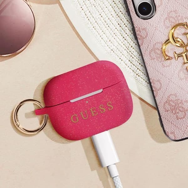Silikonfodral för AirPods Pro Glitter Look med karbinhake Ring Guess Fuchsia