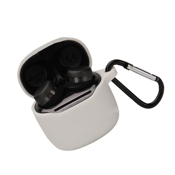 INF Suojakotelo JBL TOURPRO+ -nappikuulokkeille, jossa karabiinihaka
