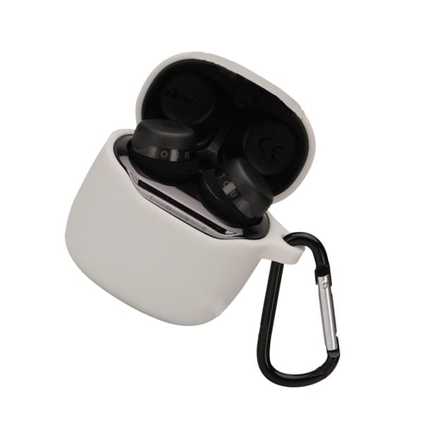INF Suojakotelo JBL TOURPRO+ -nappikuulokkeille, jossa karabiinihaka