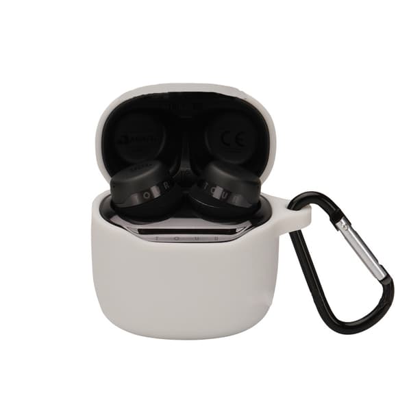 INF Suojakotelo JBL TOURPRO+ -nappikuulokkeille, jossa karabiinihaka