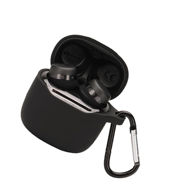 INF Suojakotelo JBL TOURPRO+ -nappikuulokkeille, jossa karabiinihaka