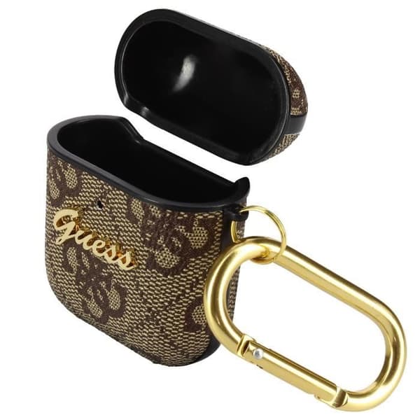 Rigid AirPods-etui Design Guess med upphöjd logotyp i brunt