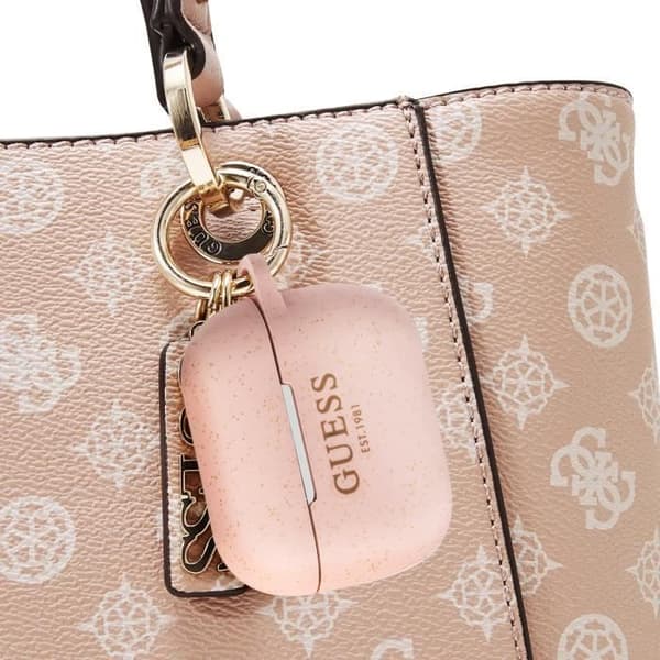 Coque i silikon för AirPods 3 med glittrande yta och karbinhake i rosa från Guess