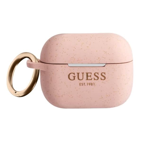 Coque i silikon för AirPods 3 med glittrande yta och karbinhake i rosa från Guess