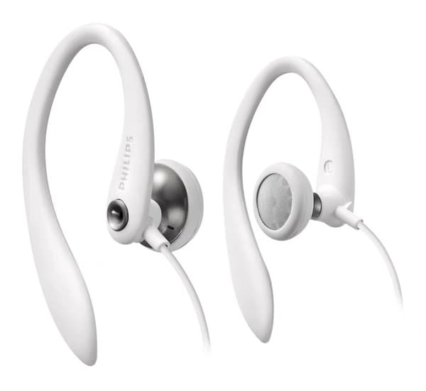 Philips SHQ5200 hvide sportsøretelefoner med ørekrog, lette og behagelige til at nyde dynamisk musik