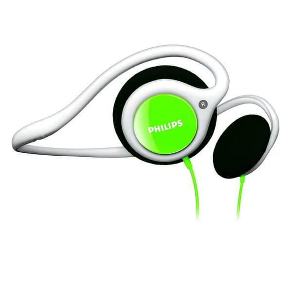 Philips SHM7110 hörlurar med bakre hook, gröna och vita färgmatchande sport- och fritidsmusikföljeslagare