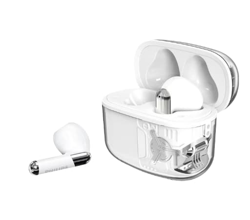 Philips TAT1168 vitt trådlöst Bluetooth-headset, transparent rymdkapselspegel, coolt och snyggt
