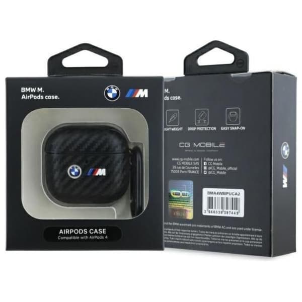 Étui för AirPods 4 med BMW-logotyp i kolfiber och dubbelmetall (svart)