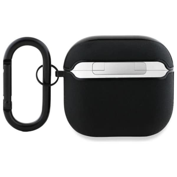 Äkta läderfodral - BMW - AirPods 4 - Svart - Silverfärgad logotyp - Metallkarbinhake