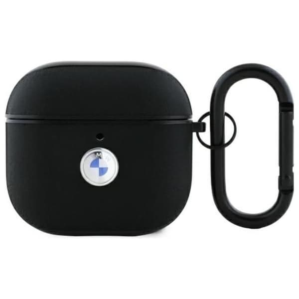Äkta läderfodral - BMW - AirPods 4 - Svart - Silverfärgad logotyp - Metallkarbinhake
