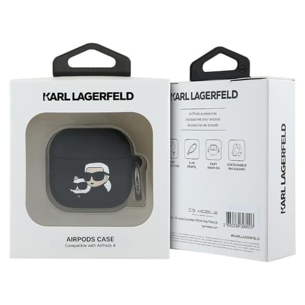 Silicone AirPods 4-fodral av Karl Lagerfeld med 3D-huvud av Karl och Choupette (svart)