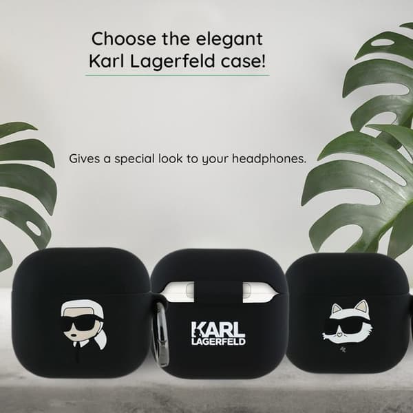 Silicone AirPods 4-fodral av Karl Lagerfeld med 3D-huvud av Karl och Choupette (svart)