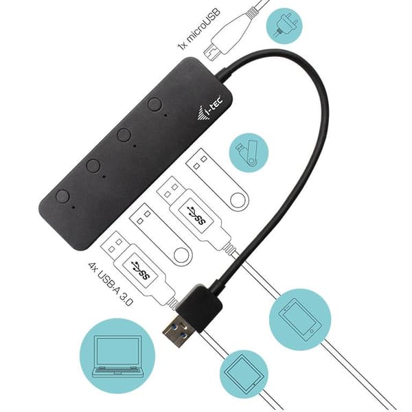 I-TEC USB 3.0 Metal HUB 4-portar med individuella på/av-knappar 4x USB 3.0-port med snabbladdningsstöd BC 1.2 (U3CHARGEHUB4)