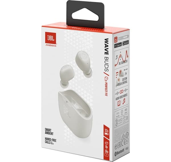JBL trådløse hodetelefoner Wave Buds, hvit