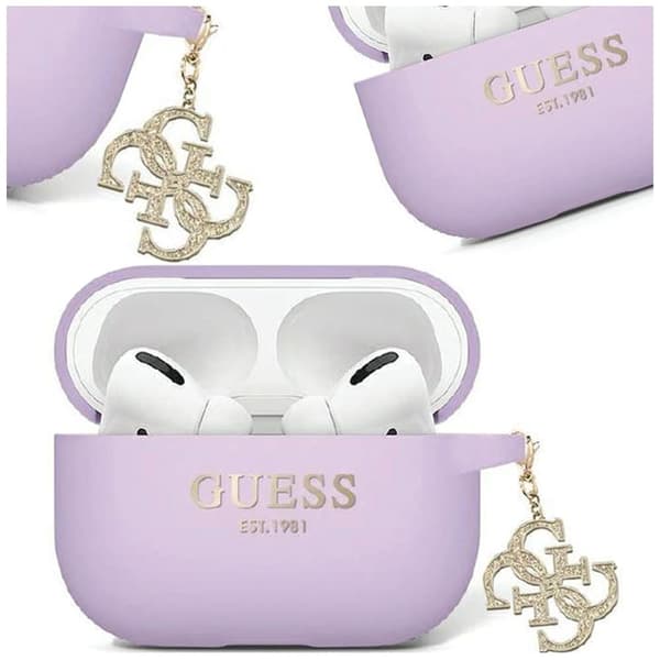 Guess GUAP2LECG4U-deksel for AirPods Pro 2-deksel - lilla flytende silikon, glitrende trekantdekorasjon