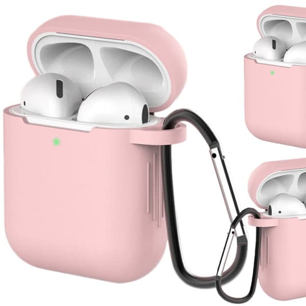 Veske for AirPods 2 / AirPods 1 mykt silikondeksel for hodetelefoner + nøkkelring karabiner anheng rosa (etui D)