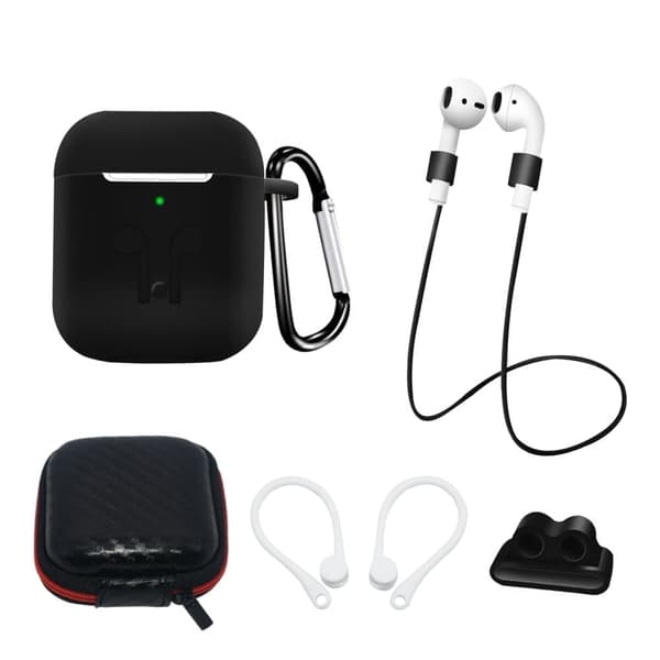 AirPods 2 / AirPods 1 silikonetui sett + etui / ørekrok / nakkestropp? / klokkeremholder / karabinkrok - svart