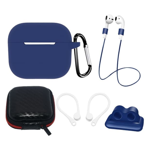 AirPods 3 silikonetui + etui / ørekrok / nakkestropp? / klokkeremholder / karabinkrok - blå
