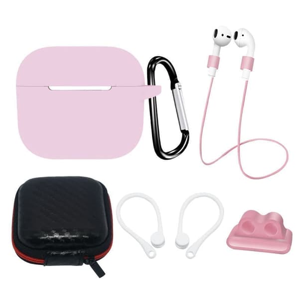 AirPods 3 silikonetui + etui / ørekrok / nakkestropp? / klokkeremholder / karabinkrok - rosa